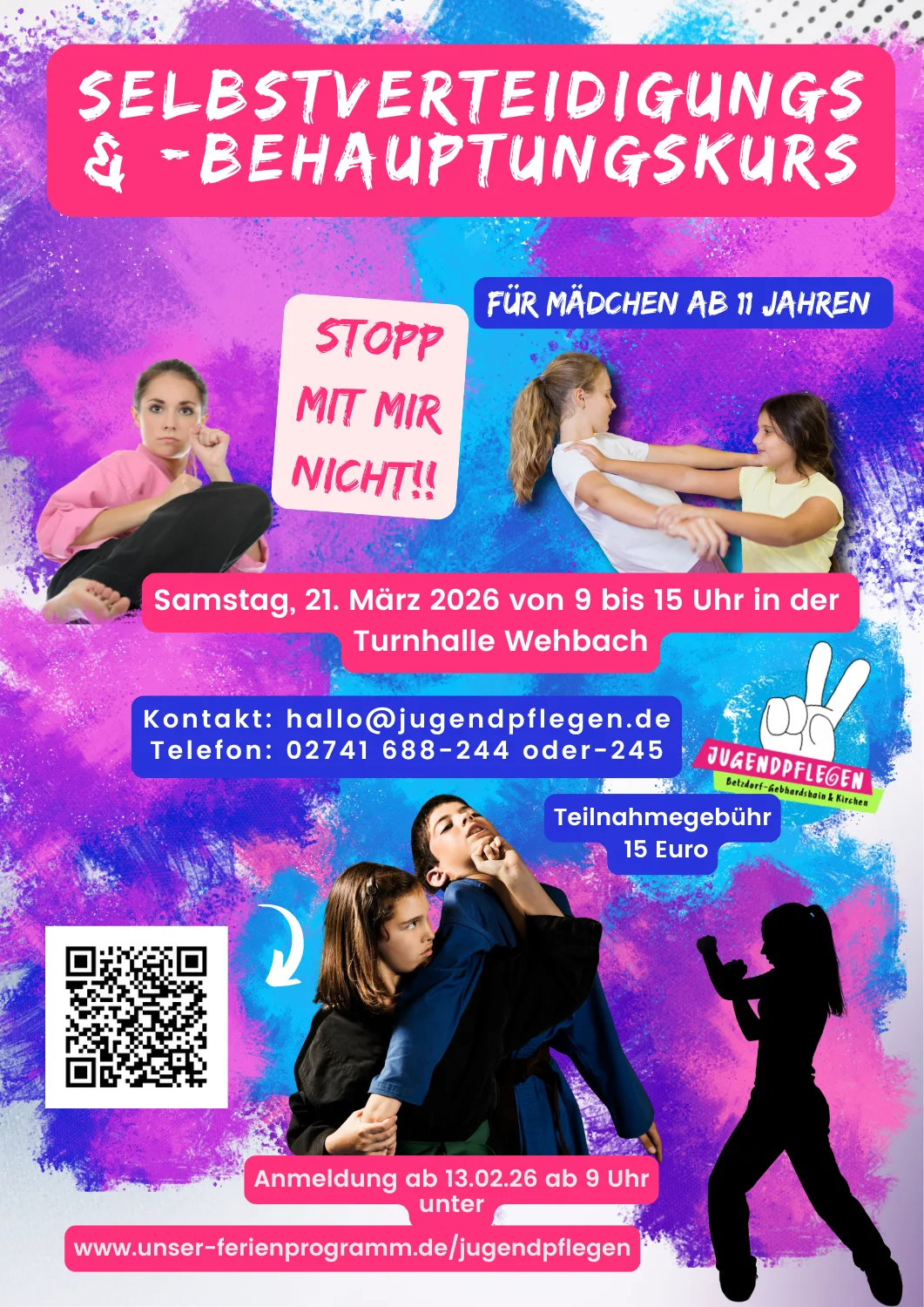 Plakat zum Selbstverteidigungskurs und Selbstbehauptungskurs für Mädchen ab 11 Jahren.